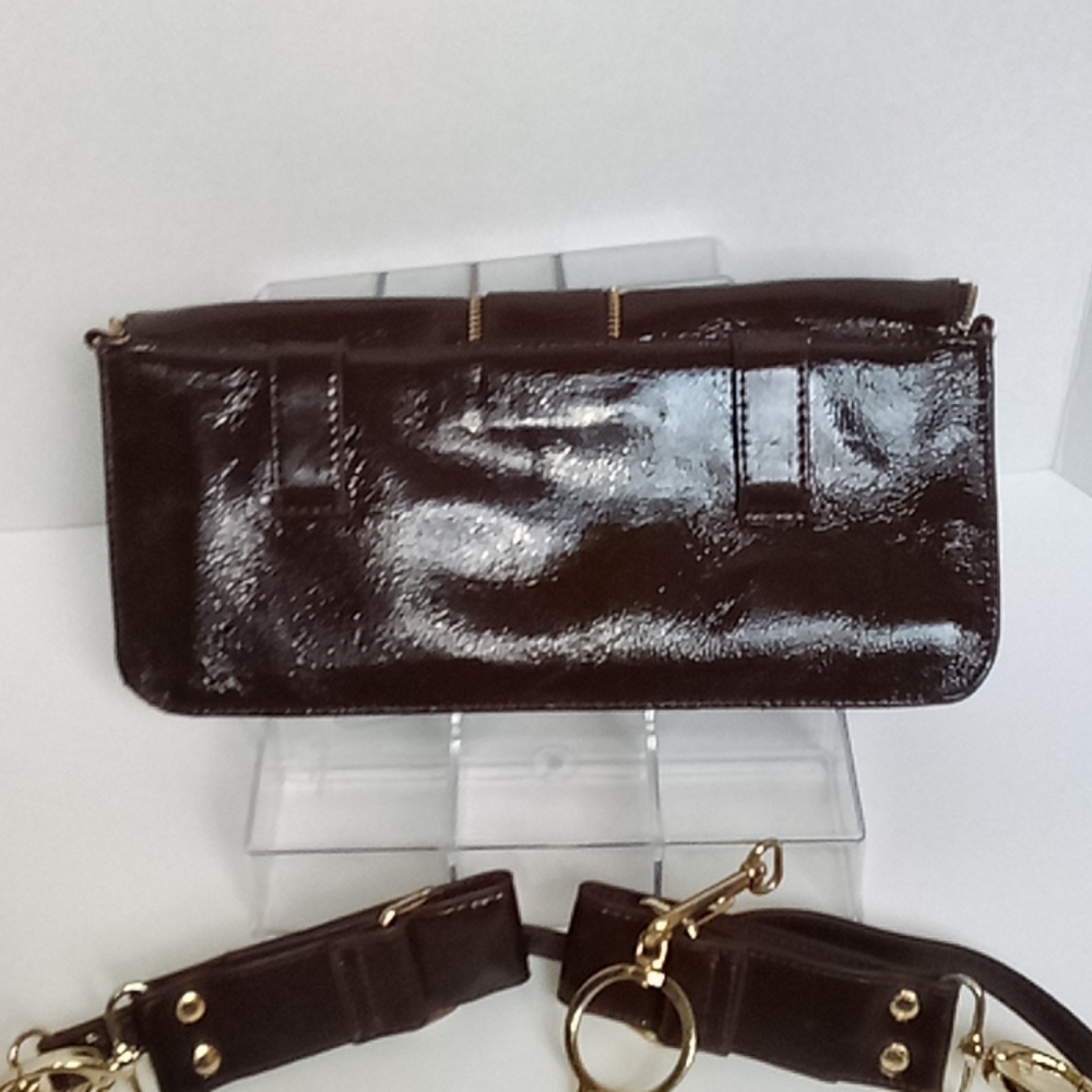 Brown Patent Leather Clutch Bag with Bow and Strap - Picture 7 of 9